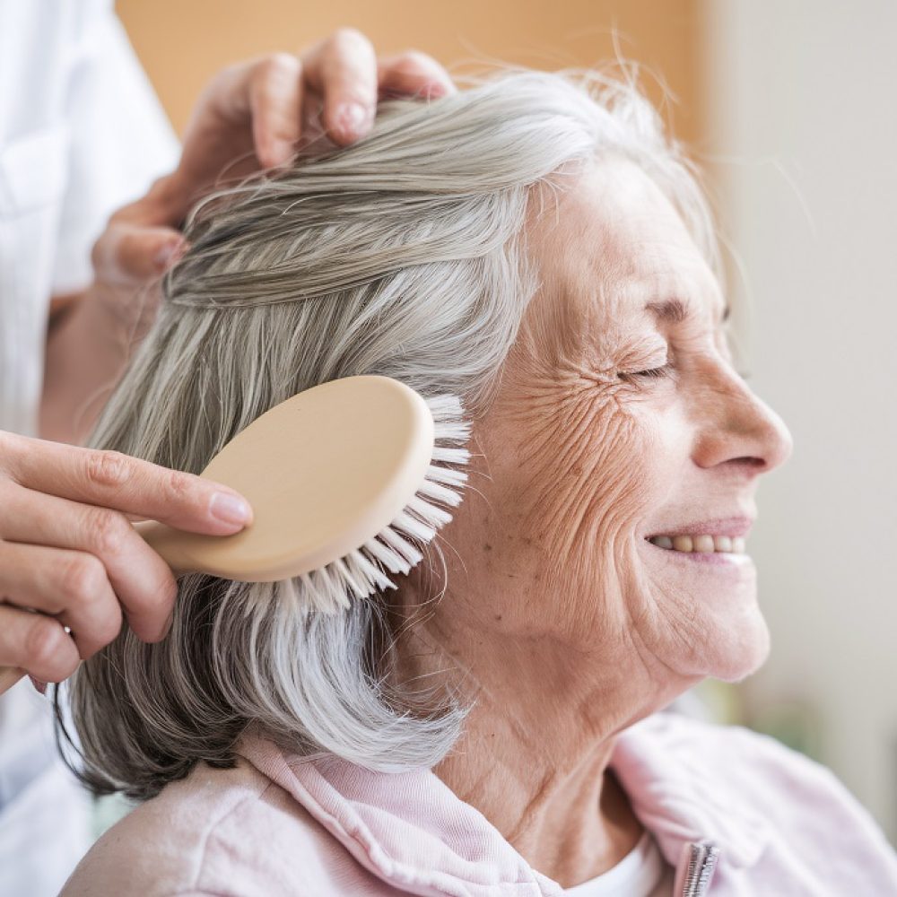 Home Care Services - Bathing, Toileting and Grooming. older woman with someone brushing her hair.